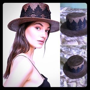 Free People Catalonia Lace Straw Boater Hat~